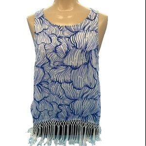 Lilly Pulitzer Blue and White Floral Fringe Sonya Tank Top Size 8